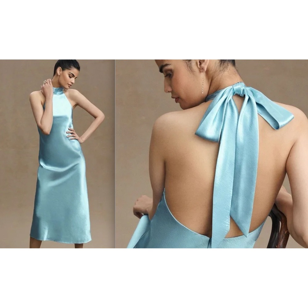 NEW Anthropologie Sachin Babi Satin Halter Midi Dress Open Back Tie Cocktail
